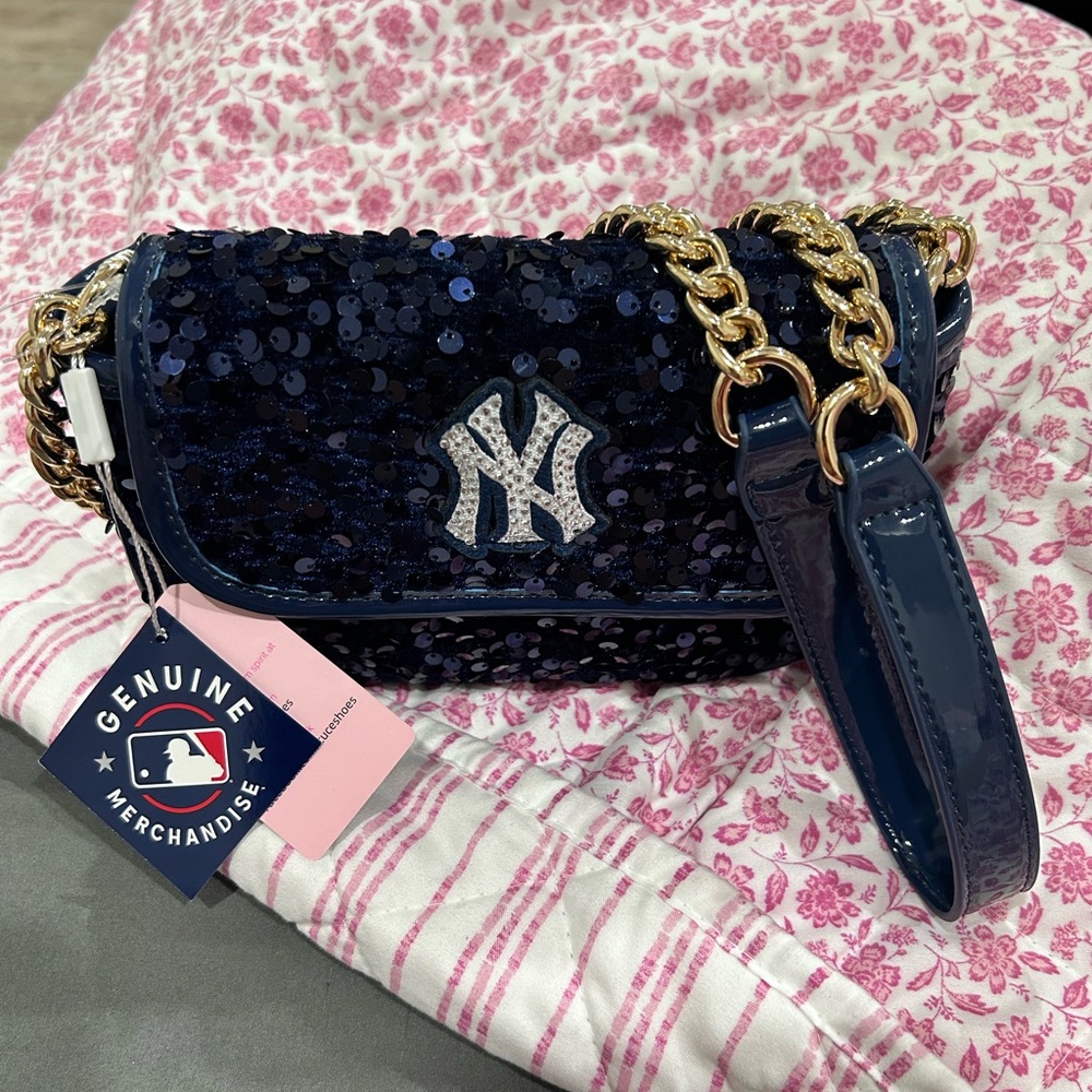 Genuine Merchandise Blue Sequin Clutch with Gold Chain